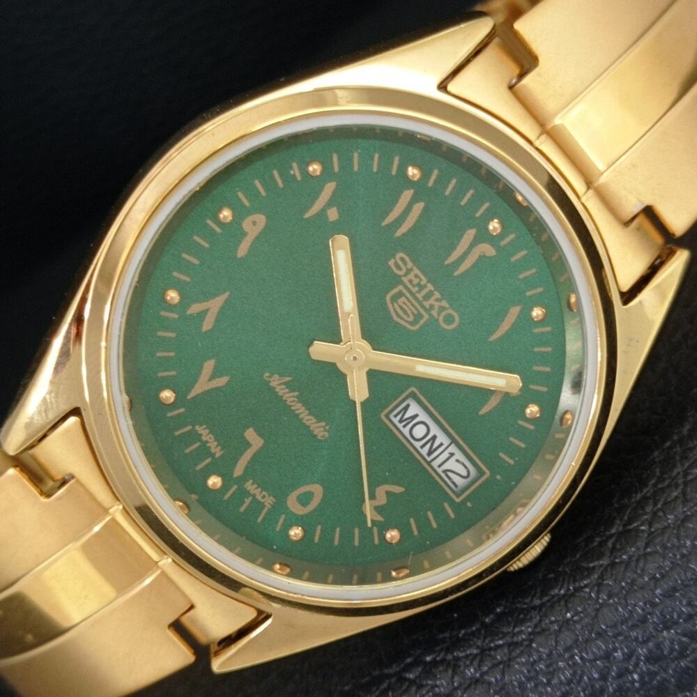 Vintage 1979 Seiko Automatic Mens Gold Watch W/daydate & Green accents
